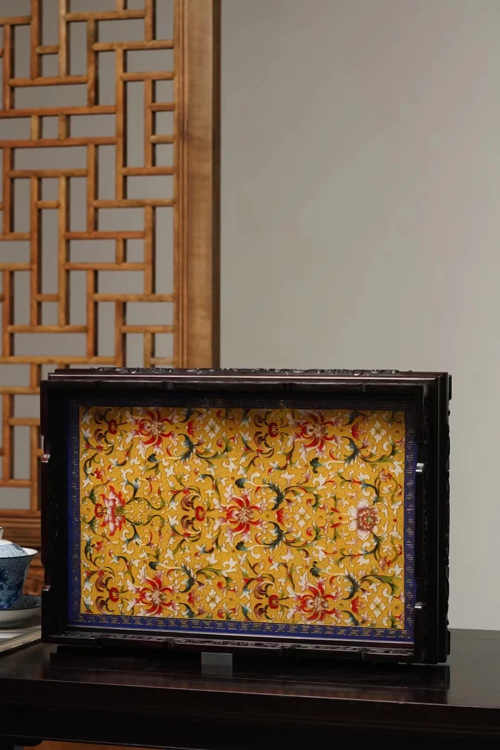 奢侈品大红酸枝镶嵌景泰蓝文盘茶盘