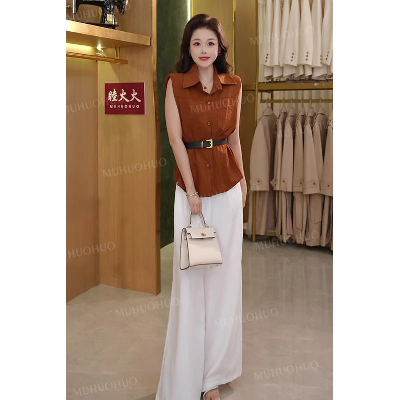【睦火火】老钱风套装女小飞袖衬衣+凉感阔腿裤两件套（送皮带）82570