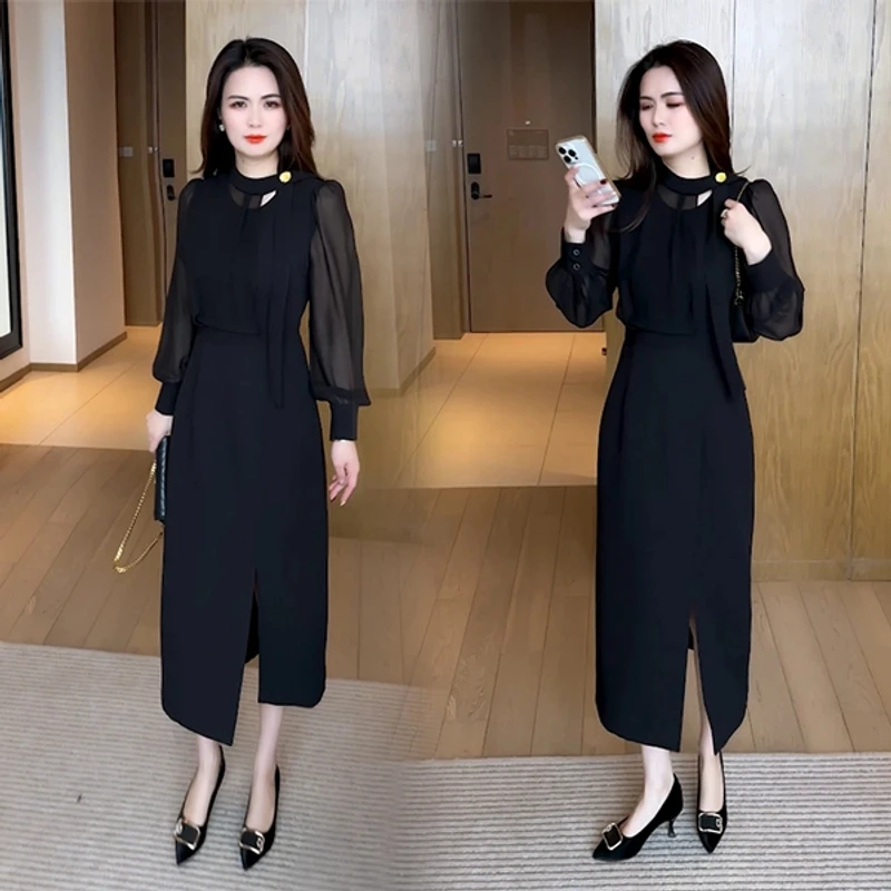 早春新款穿搭气质显瘦遮肉时尚洋气休闲减龄连衣裙长袖春秋小黑裙