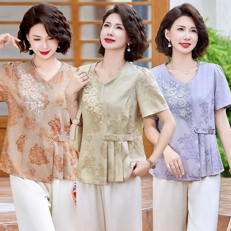 妈妈装夏季显瘦小衫中老年女装洋气刺绣上衣中年减龄遮肚套装衣服