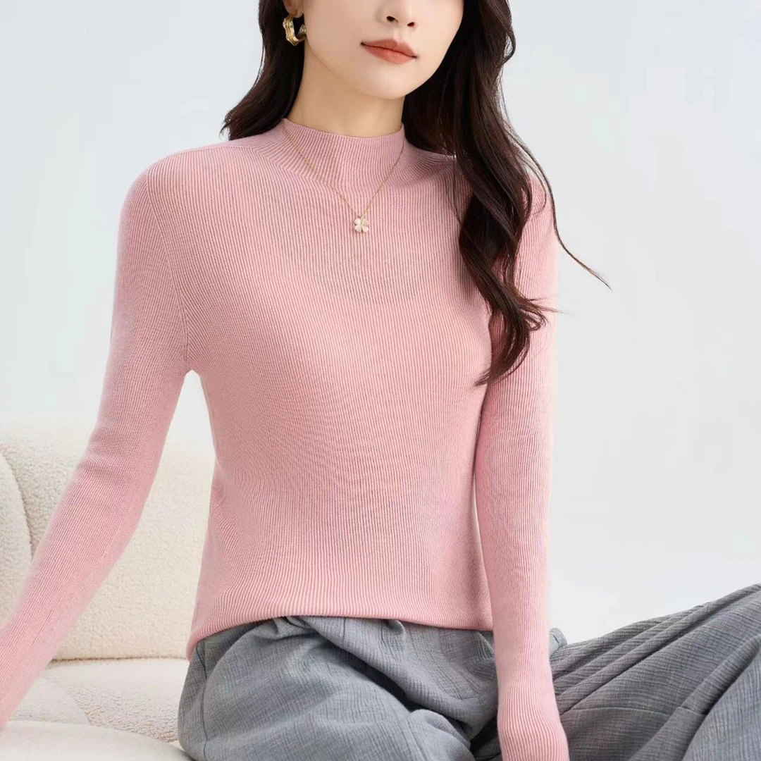 女半高领衫显瘦镂空上衣毛衣针织圆领秋冬打底衫中领-65050