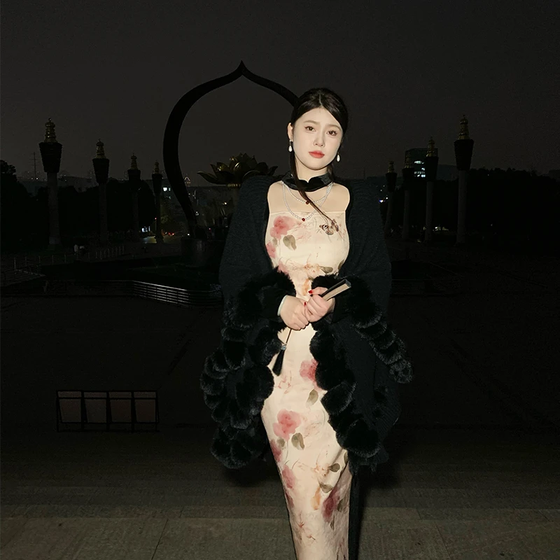 DMcc【绝代佳人】冬季新中式加厚毛绒针织披肩白色宽松慵懒风外搭