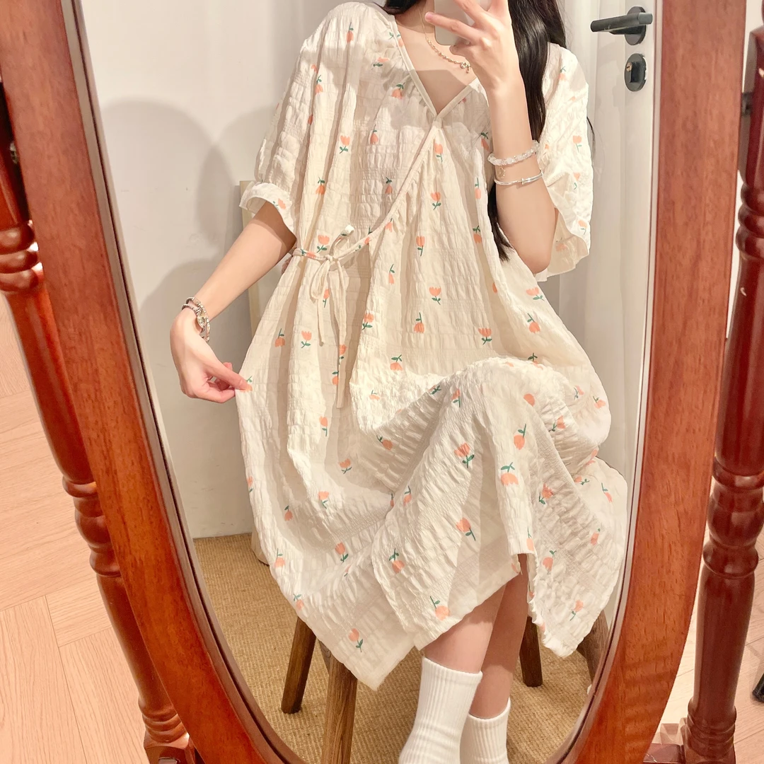 花朵短袖睡袍女士夏日款家居裙睡裙睡袍超宽松浴袍系带