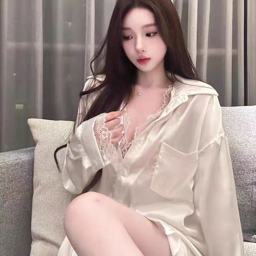 2025【奶白少女】女夏季睡裙蕾丝高级感睡衣冰丝家居服薄款