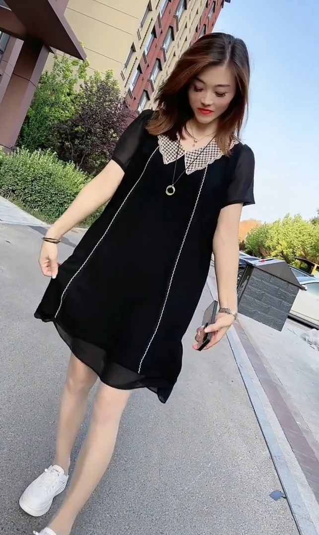 夏季网红拼接短袖高腰娃娃领连衣裙中长款收腰夏季中性风宽松