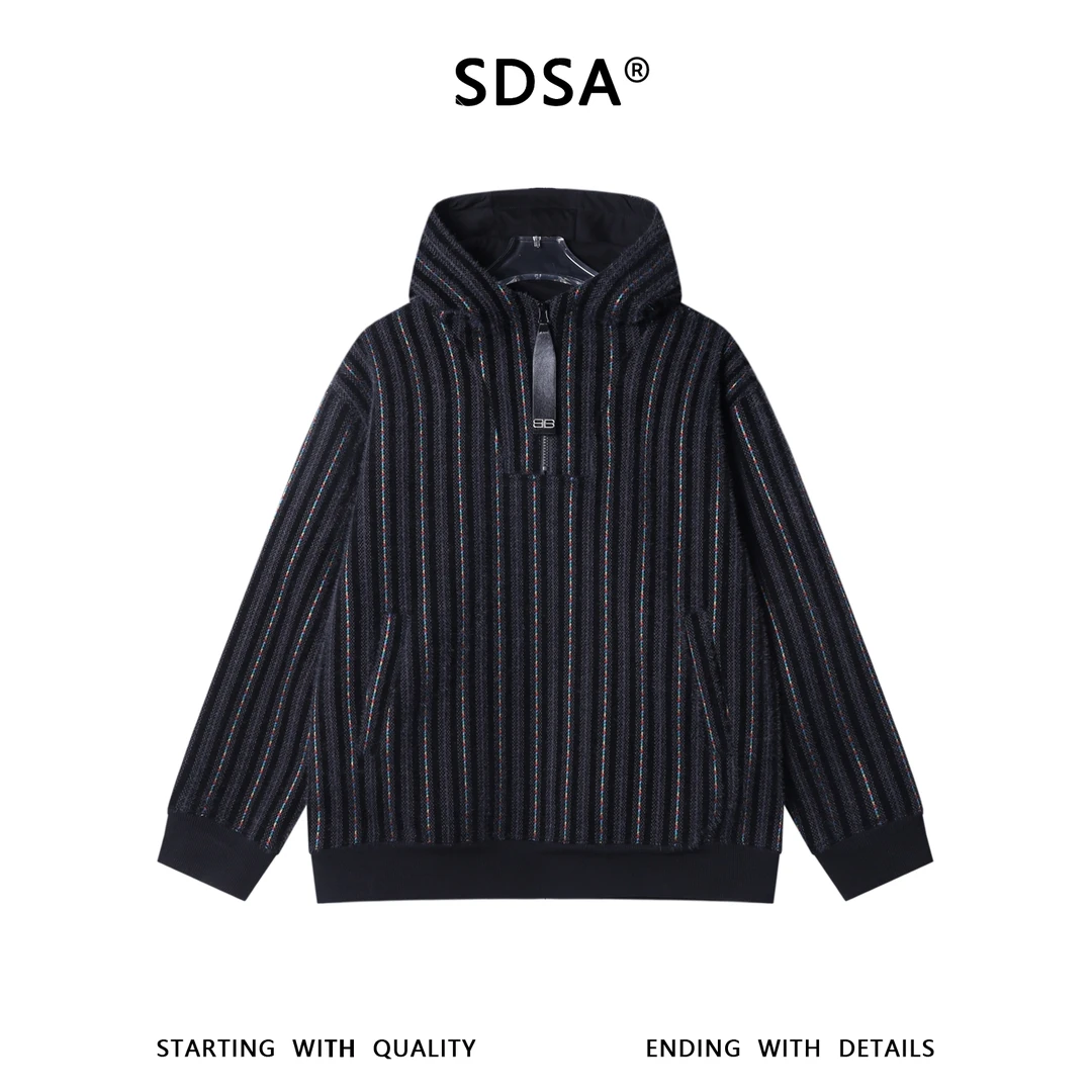 SDSA男士秋冬新款痞帅男装时尚简约刺绣竖纹半拉链连帽卫衣百搭