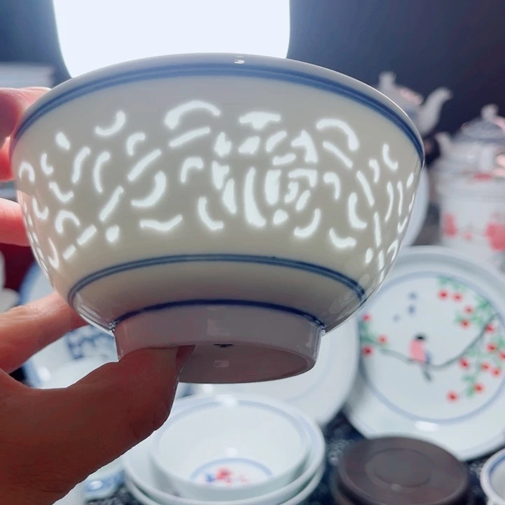 青花玲珑5寸饭碗满雕双福双线