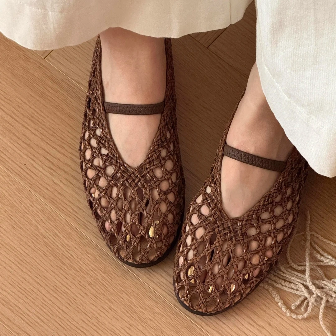 【DR官方正品】2025年夏镂空手工编制凉鞋女一字带圆头平底单鞋OM