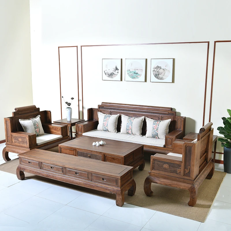 老榆木新中式全实木沙发组合复古家具客厅小户型原木雕花罗汉沙发