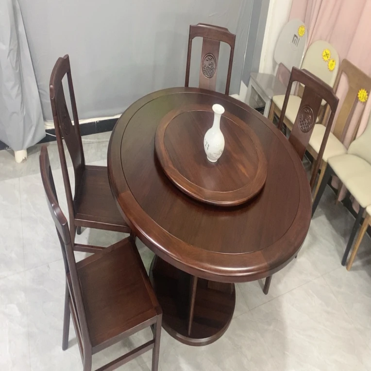 新中式乌金木实木餐桌椅组合餐厅吃饭桌子简约1.4米带转盘大圆桌