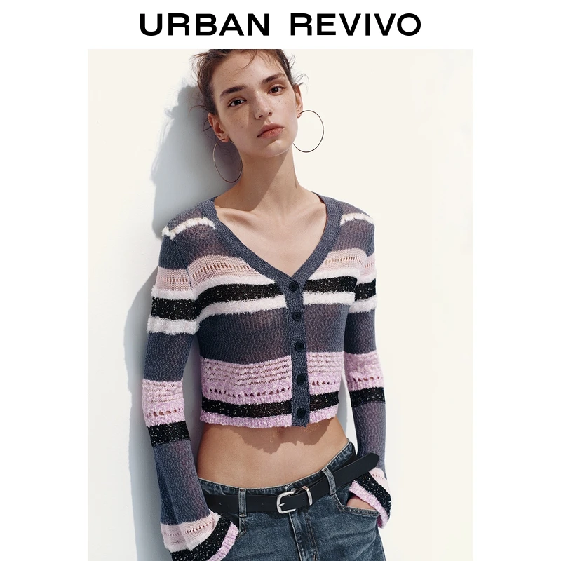 UR2026春季新款女装潮流撞色镂空针织开衫UYV950056+