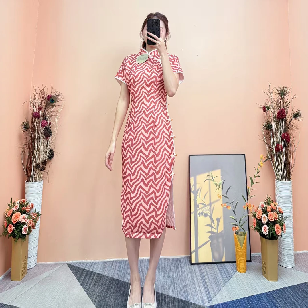 [依易原创]新中式气质复古几何条纹修身显瘦旗袍裙E1215