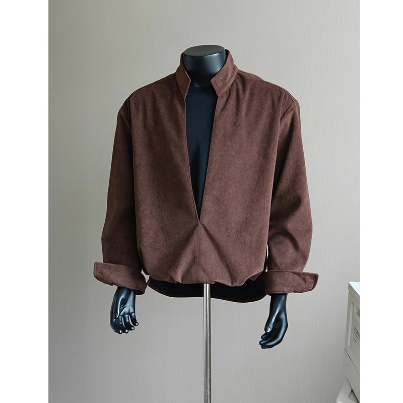 加大码300斤老钱风咖色假两件衬衫男款秋冬季内搭立领长袖衬衣潮