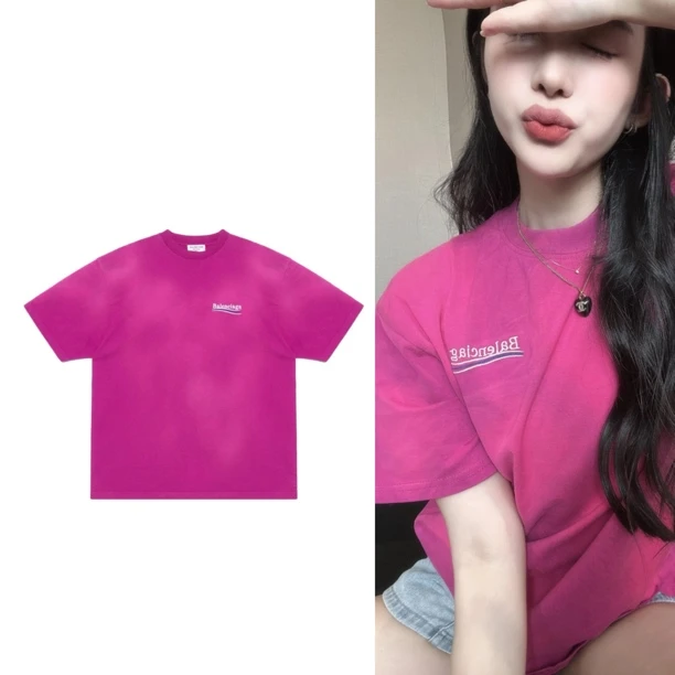 未使用 Balenciaga/巴黎世家 玫粉扎染刺绣可乐短袖T恤