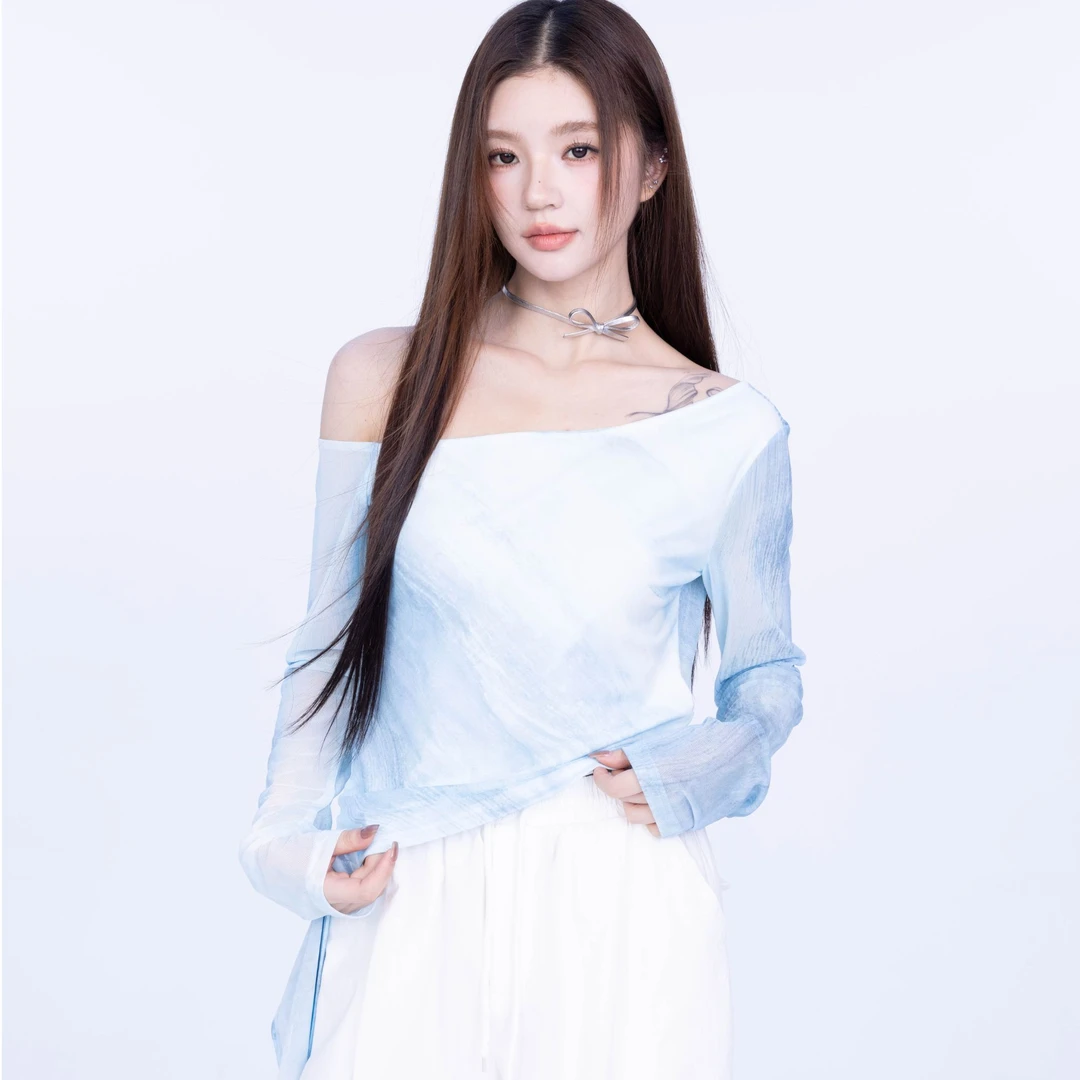 ablueberry蓝色扎染网纱T恤女夏季修身防晒罩衫上衣BQ1037252