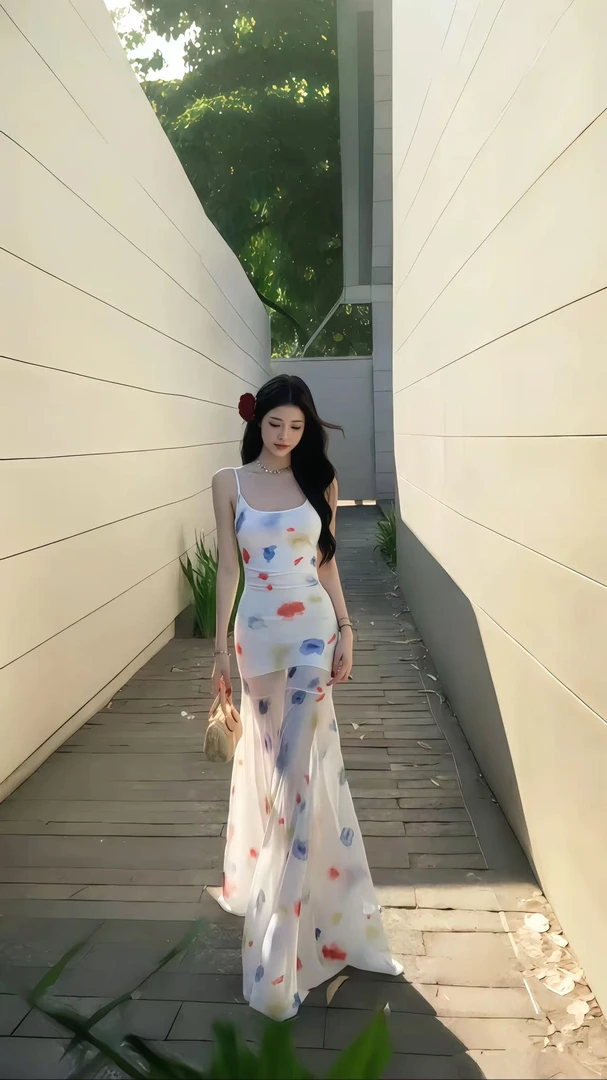 夏日水彩吊带连衣裙女春夏小个子长款不规则裙摆鱼尾裙子