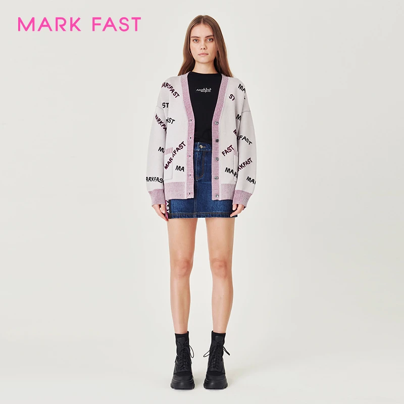 MARKFAST设计师品牌灰粉休闲宽松V领针织开衫女秋M1CGW08340