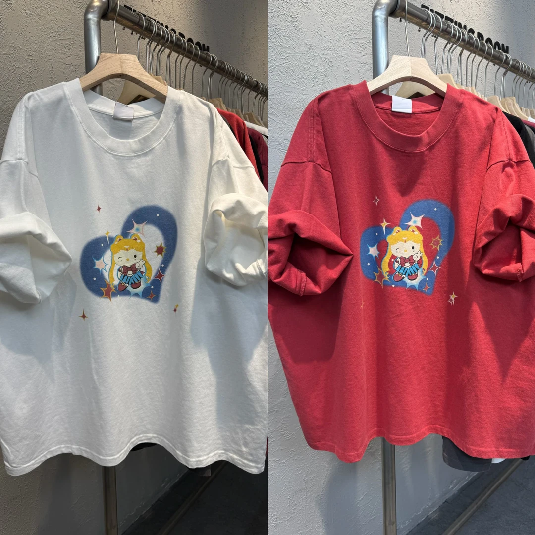 305秋季新款韩版爱心美少女印花休闲百搭圆领磨毛短袖女