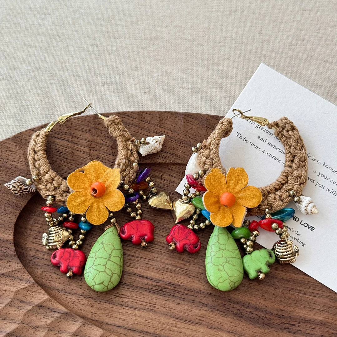 铜合金树脂耳饰 扶桑花林~复古绿色花朵流苏耳环波西米亚风耳饰女