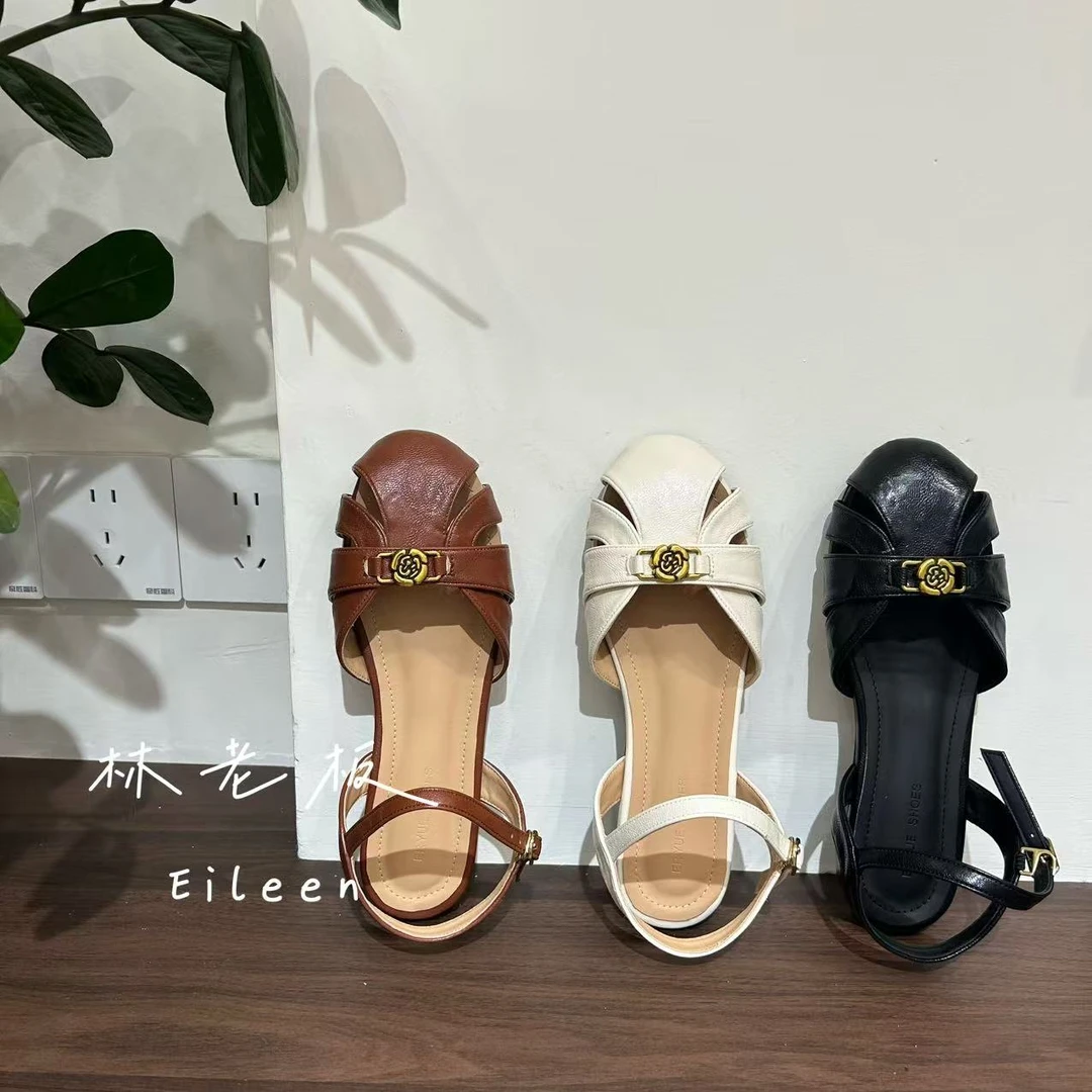 浅口包头镂空纯色胶粘罗马凉鞋女鞋复古女士低跟