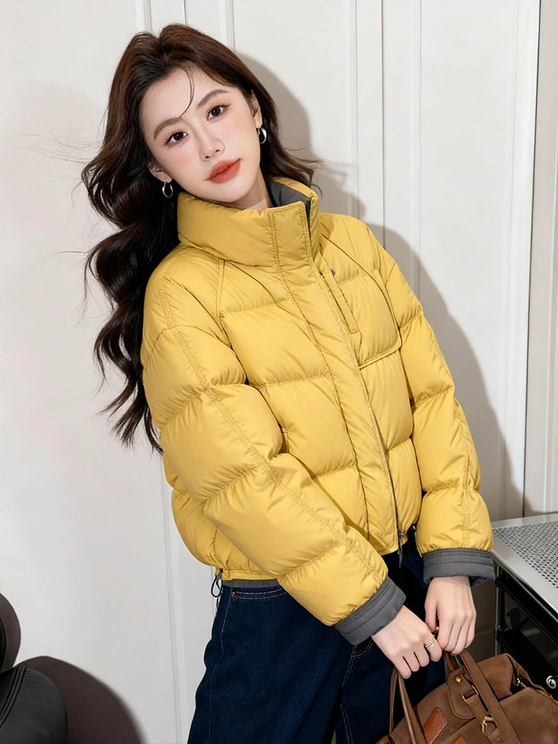 黄色撞色立领小个子羽绒服女2025新款冬慵懒加厚羽绒高端小资外套