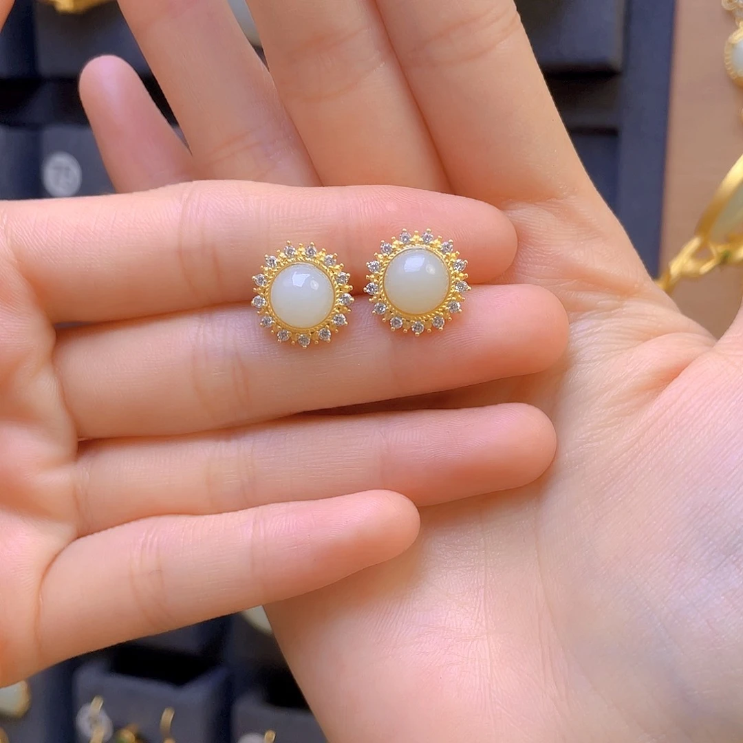 和田玉耳饰银S925镀金镶嵌