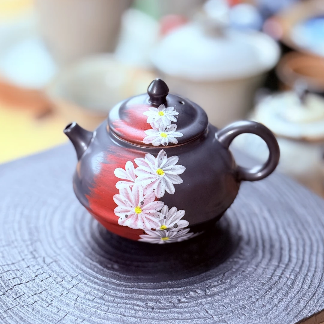 墨染芳华手绘堆料雏菊茶壶1