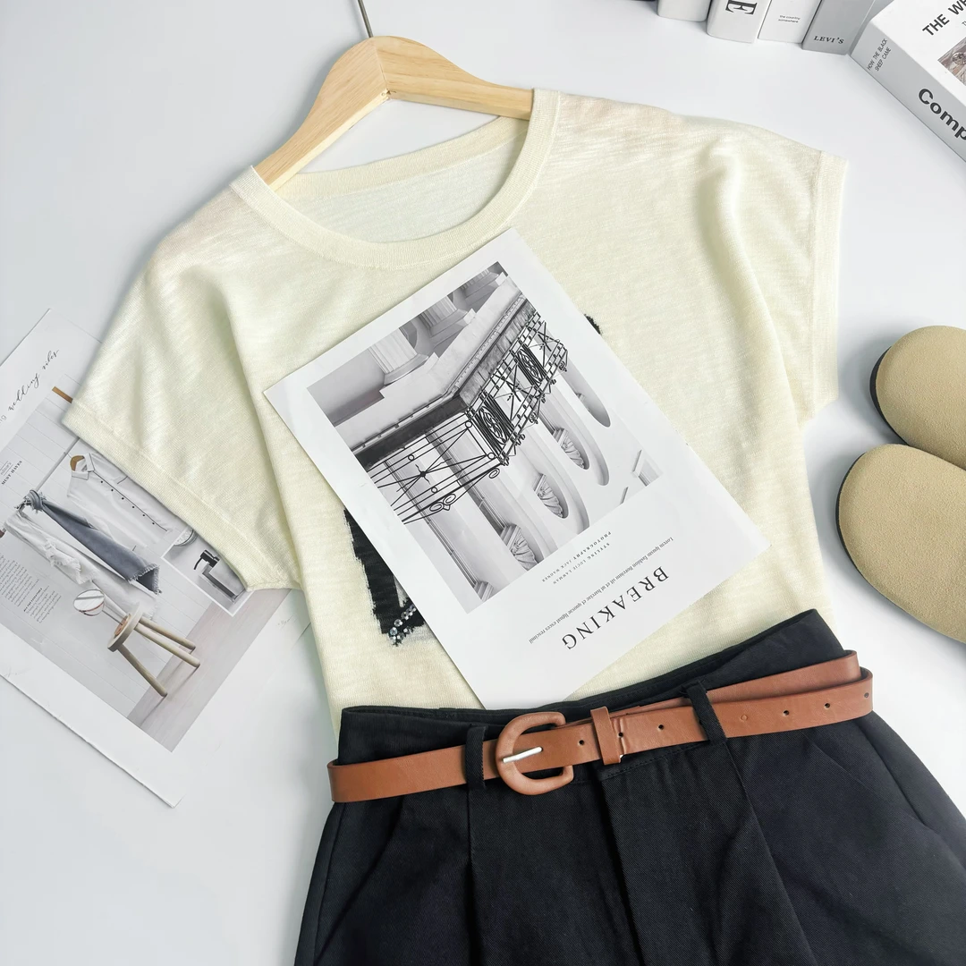 新新定制-字母亮片款休闲宽松薄款微透小飞袖针织短袖113020