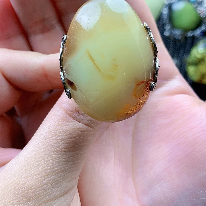 琥珀裸石银S925镶嵌戒指