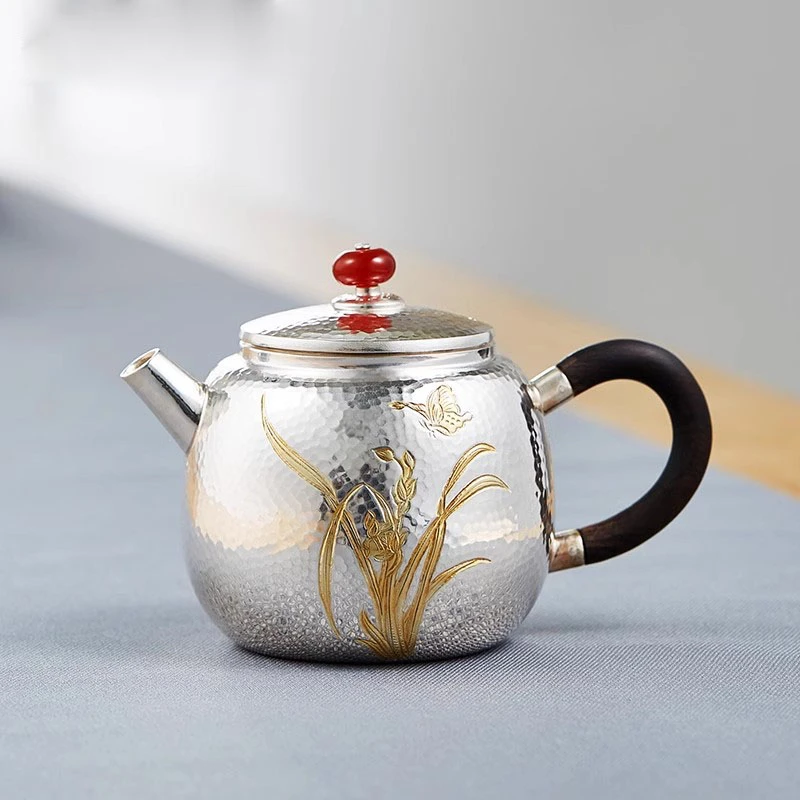 银壶纯银999泡茶壶家用一张打手工簪刻锤纹中式小容量银茶壶小壶