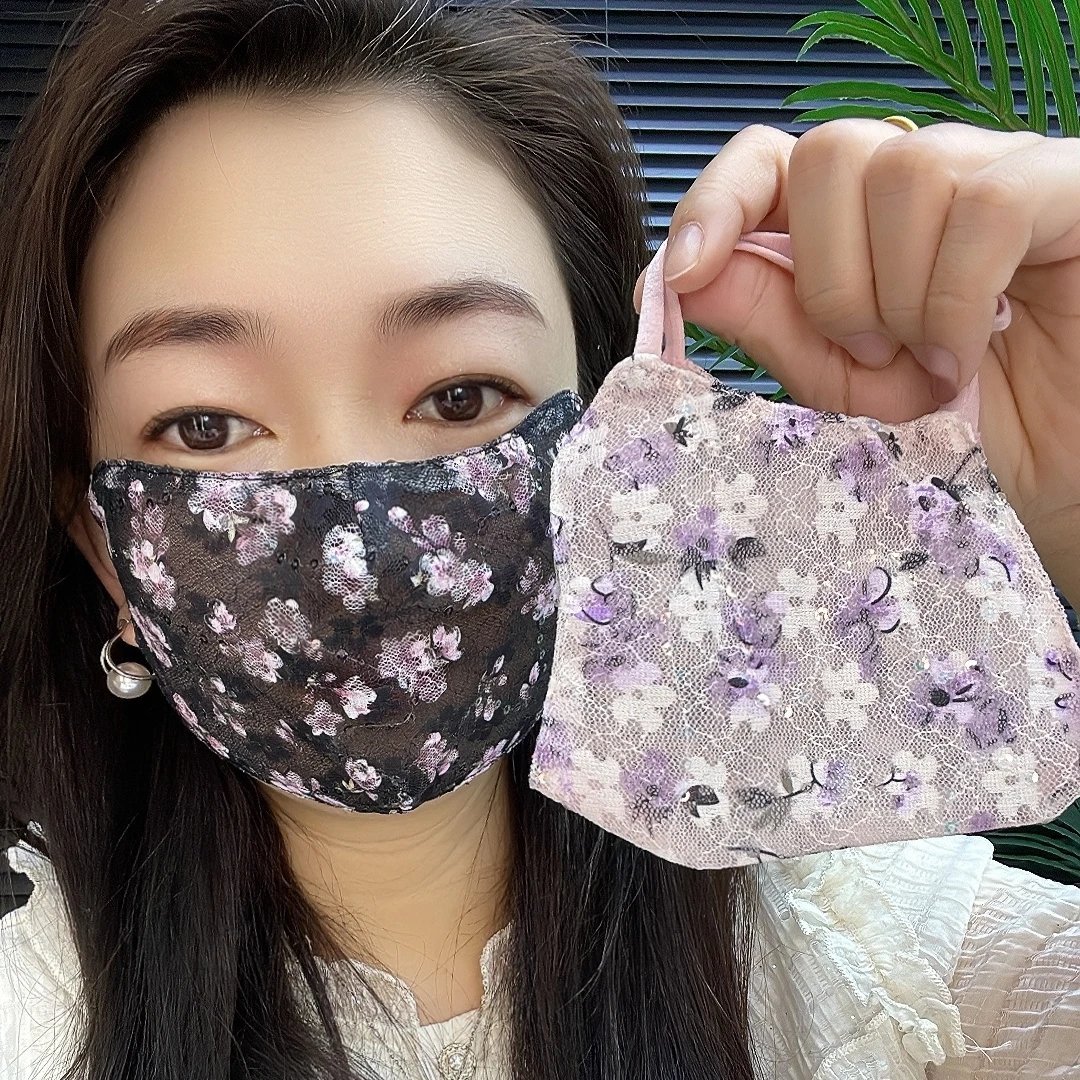 夏款小碎花防晒面罩蕾丝亮片薄款网纱透气防晒口罩时尚护眼角面纱