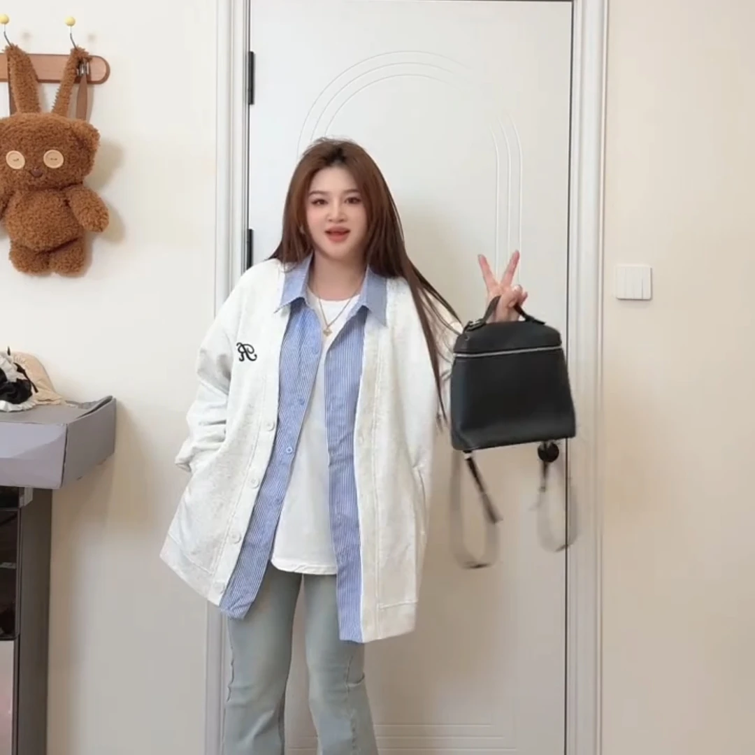 韩系chic假两件开衫外套女春季学院风宽松慵懒风设计感外搭上衣欧