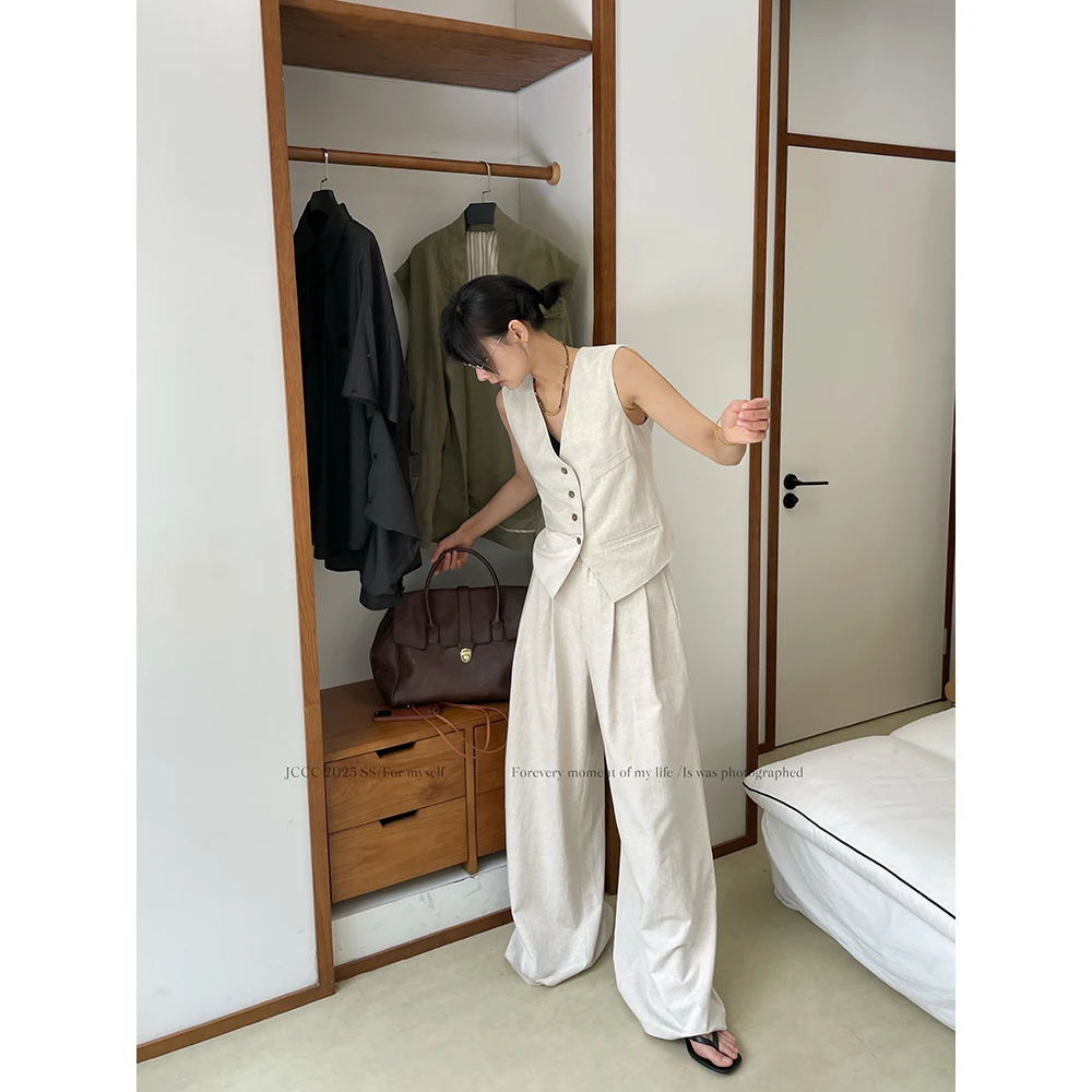 JCCC影子【三分钟会议】杏色清冷通勤亚麻马甲休闲裤套装JE4FSZ24