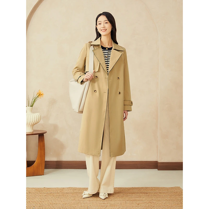 YINER音儿专选2025春新款复古优雅翻领双排扣风衣外套8C65107026