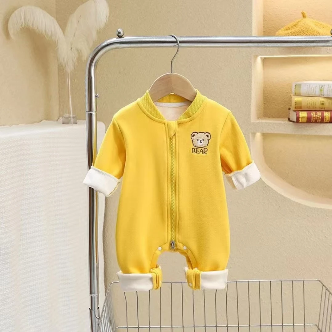 bear熊加绒加厚保暖连体衣宝宝婴儿外出爬服闭裆男宝女宝连身衣