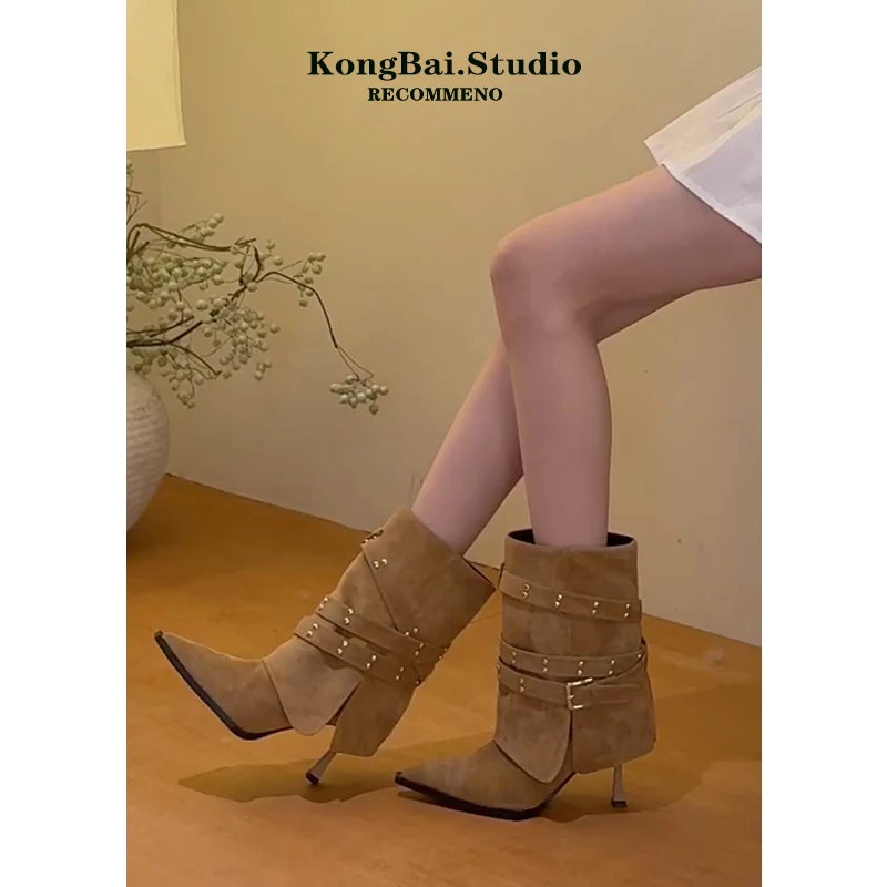 辣妹尖头裤管靴女款2025秋季新款细高跟靴皮带扣复古显瘦短筒靴子
