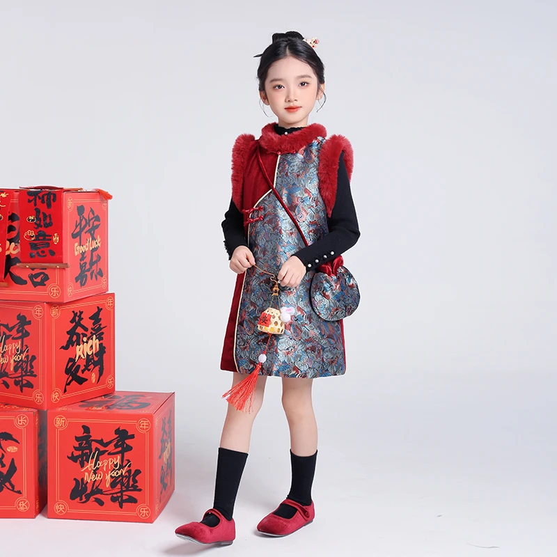 新中式女童国风汉服裙背心裙子2025冬季新款小女孩古风唐装连衣裙