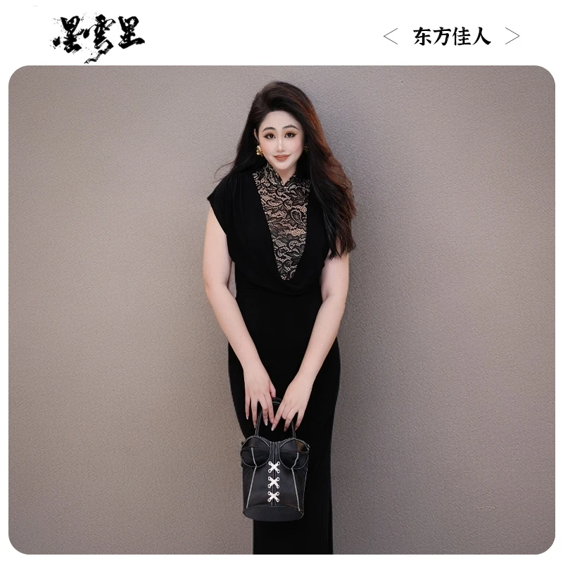 黑标系列｜东方佳人｜设计感进口醋酸拼接蕾丝超弹网纱气质连衣裙