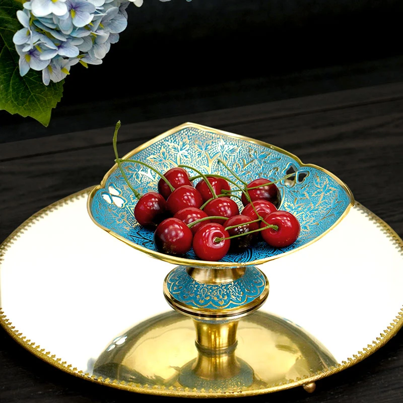 印度进口黄铜加厚清新雕花珐琅手工镂空高脚果盘家用糖果盘供盘