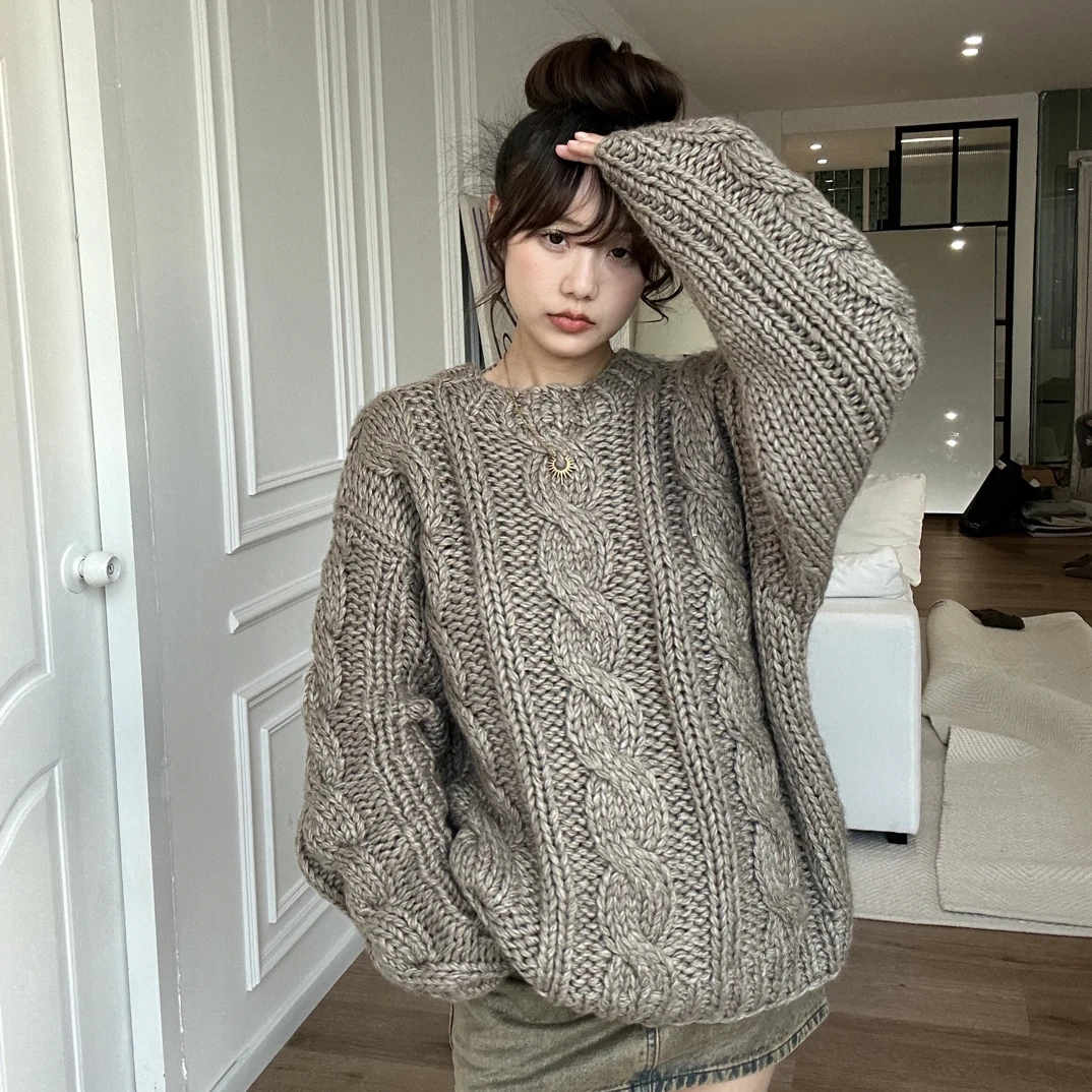 手工羊毛慵懒风常规毛衣上衣圆领秋冬针织