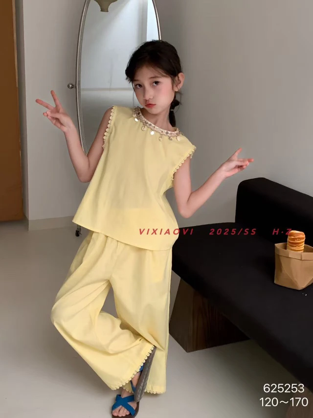 儿童女童无袖后背扣子套装253