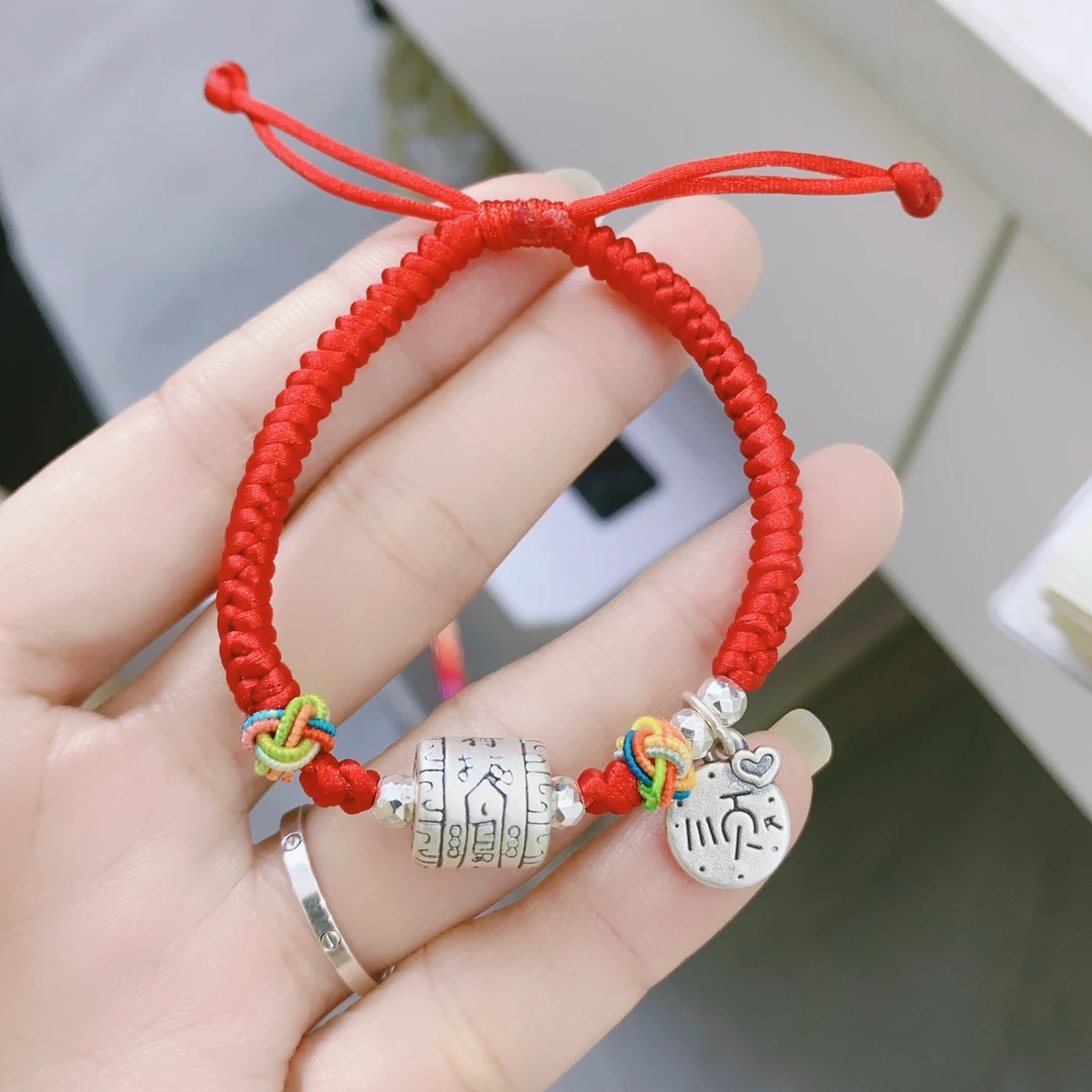 足银手链 纯银红绳手链手编复古民族风蛇年本命年红绳可调节
