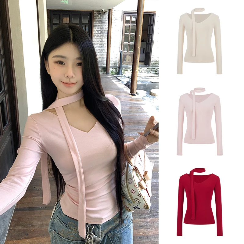 Moses Queen/魔西女王法式围脖飘带V领独特长袖T恤打底衫女春季