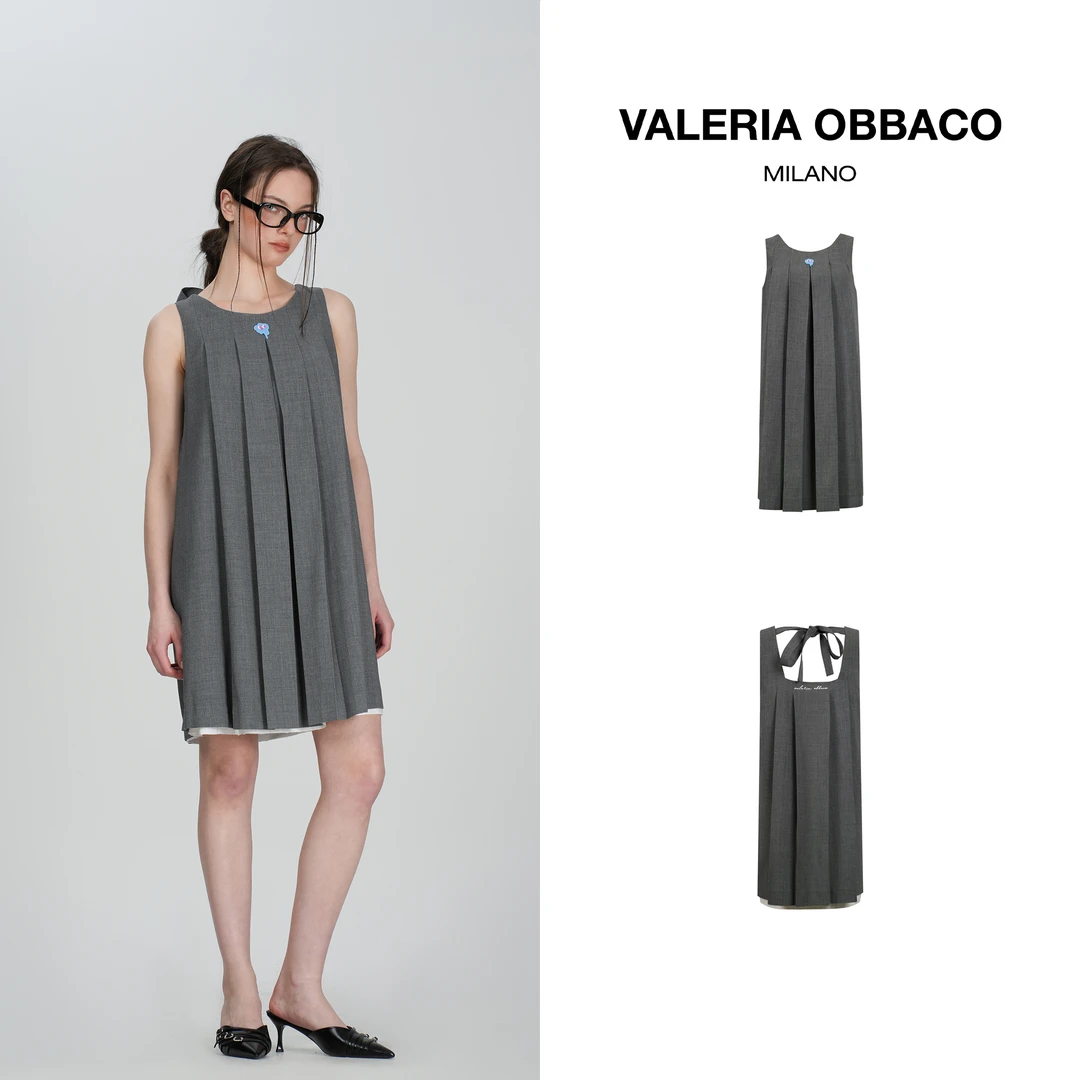 VALERIAOBBACO/瓦莱丽娅 奥贝科法式系带压褶连衣裙休闲显瘦裙子