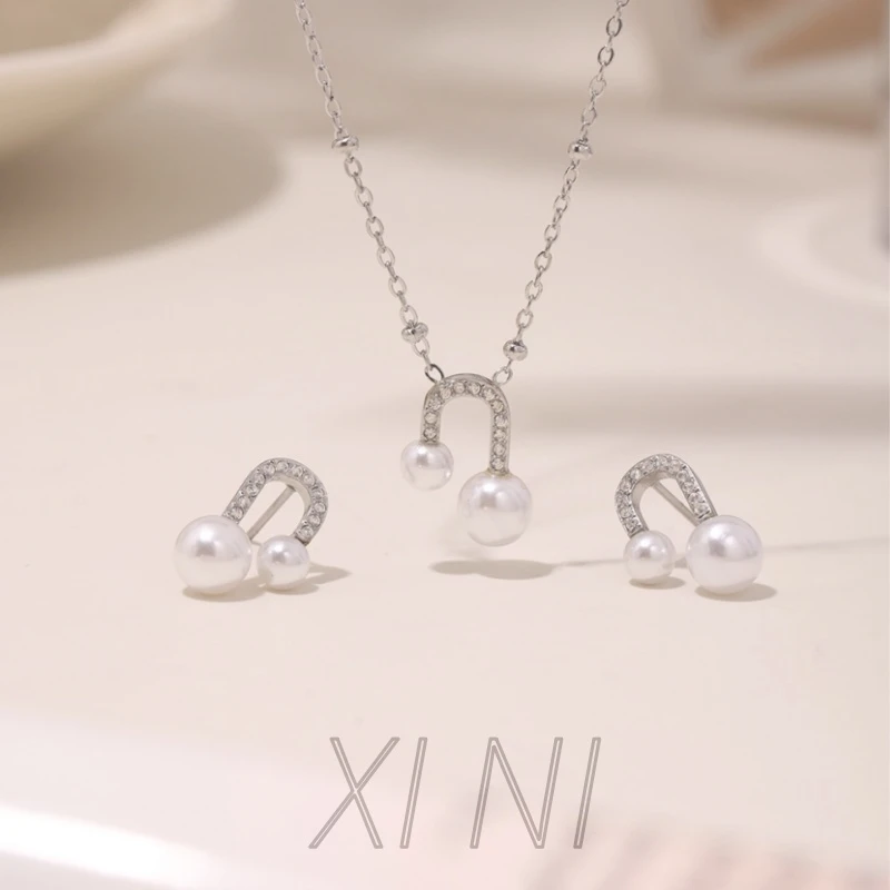 钛钢仿珍珠项链 U型锆石项链耳钉小众设计感轻奢时尚锁骨链耳饰