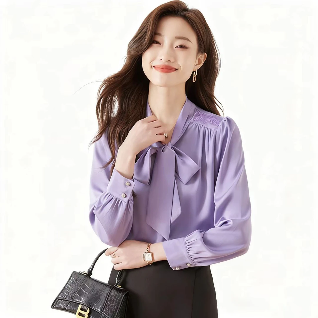 【深圳薇姐清仓】白衬衫女长袖飘带上衣新款时尚通勤绣花衬衣 Q6725