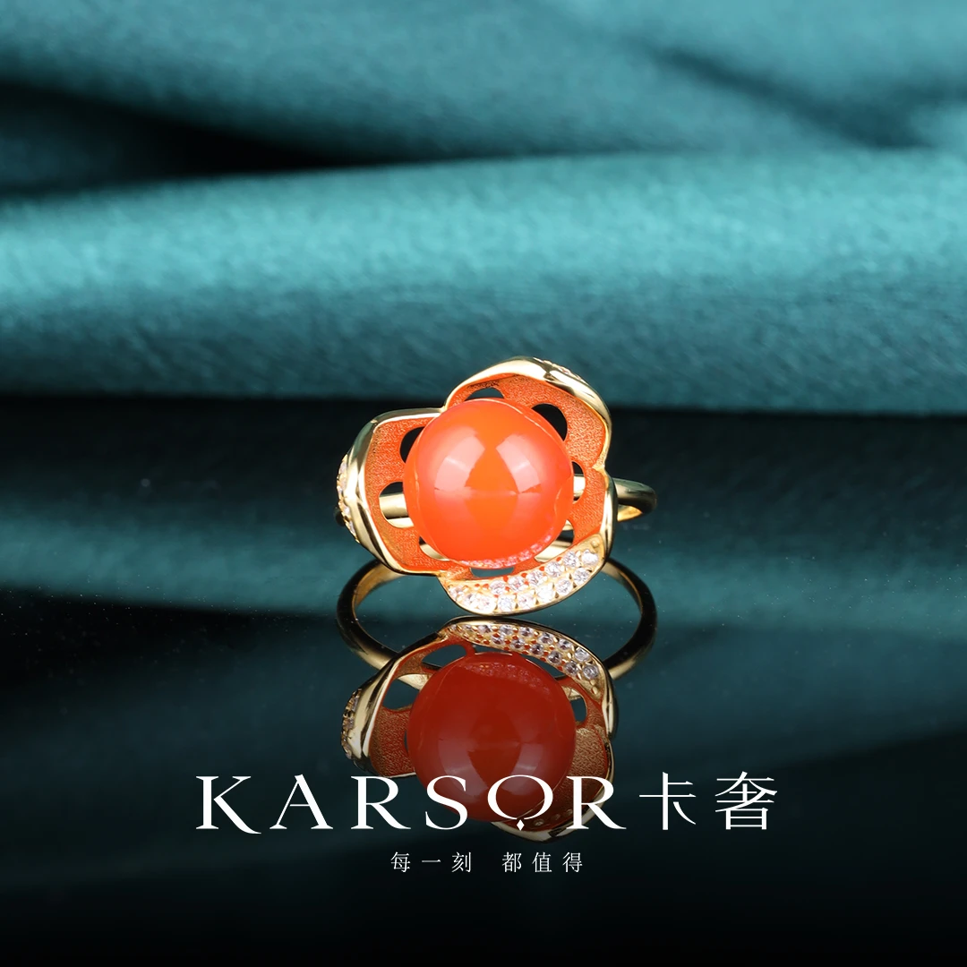 KARSOR/卡奢S925银镀金 南红玛瑙 戒指 J1957