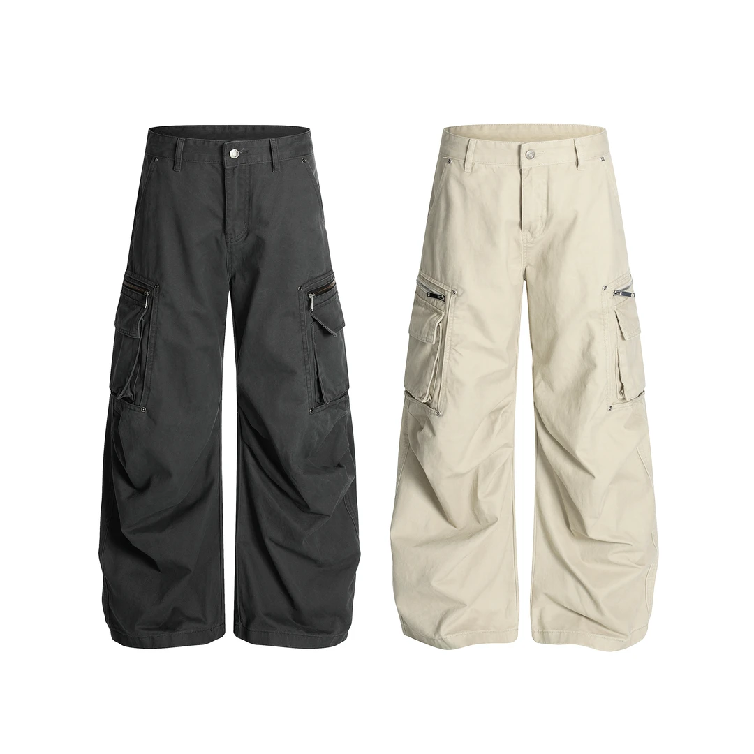 美式街头复古工装裤微喇宽松阔腿氛围感拉链大口袋做旧褶皱008