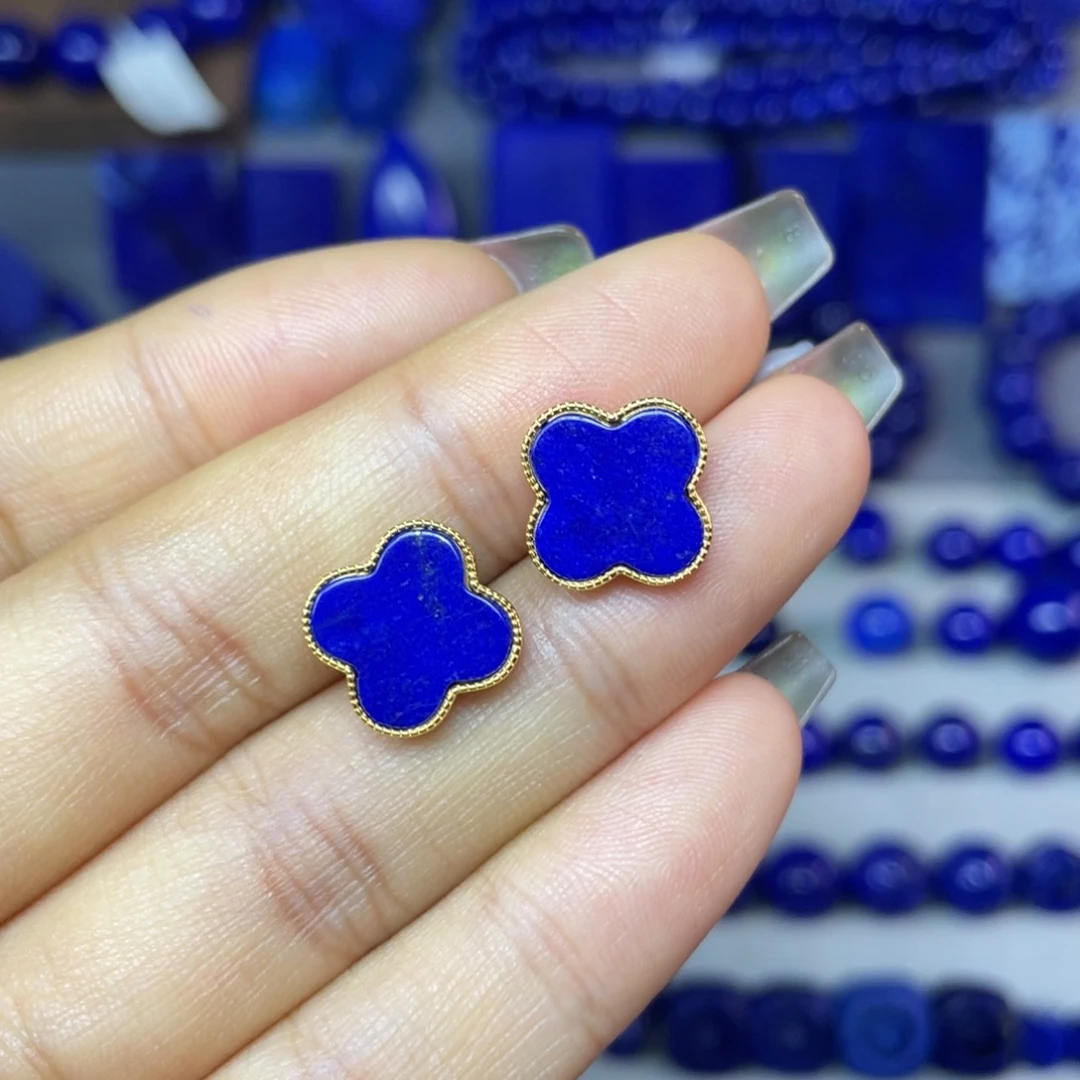 青金石银S925镀金镶嵌11mm四叶草耳饰