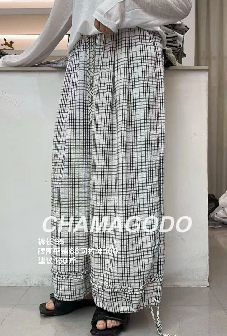 CHA MA GO DO夏季复古花边抽绳格子裤
